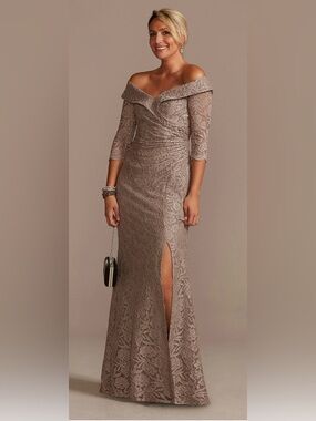 David's Bridal Taupe Lace Off-Shoulder Gown with Sleeve